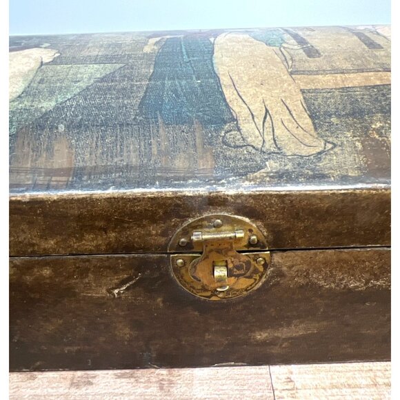 Vtg Japanese Hand Painted Wooden Jewelry Box With Traditional Scene Dome Top - Picture 4 of 8